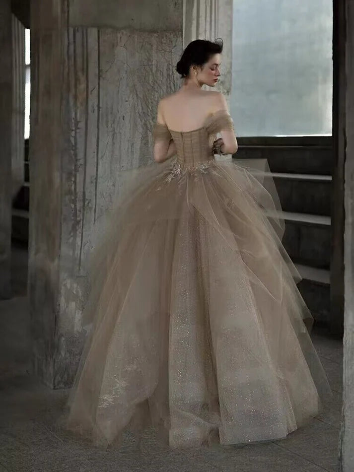 Champagner Tüll Spitze langes Ballkleid, Champagner formelles Abendkleid ED0706