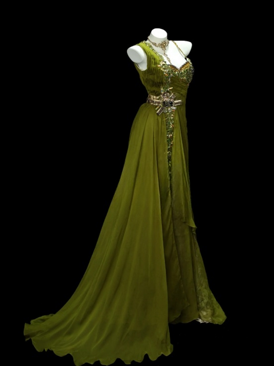 Classy Olive Green Prom Dress Applique Chiffon Dress Sheath Straps Evening Dress ED07072