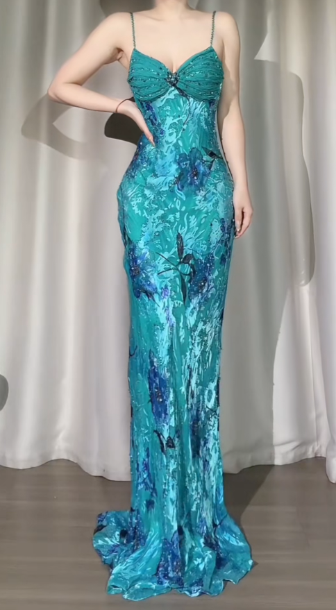 Robe de bal bleue chic en mousseline perlée, robe d'anniversaire fourreau à bretelles spaghetti, robe de soirée ED07080
