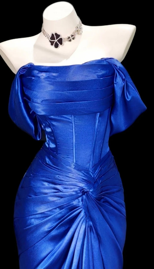Chic Blue Prom Dress Satin Birthday Dress Sheath Off-shoulder Evening Dress ED07093