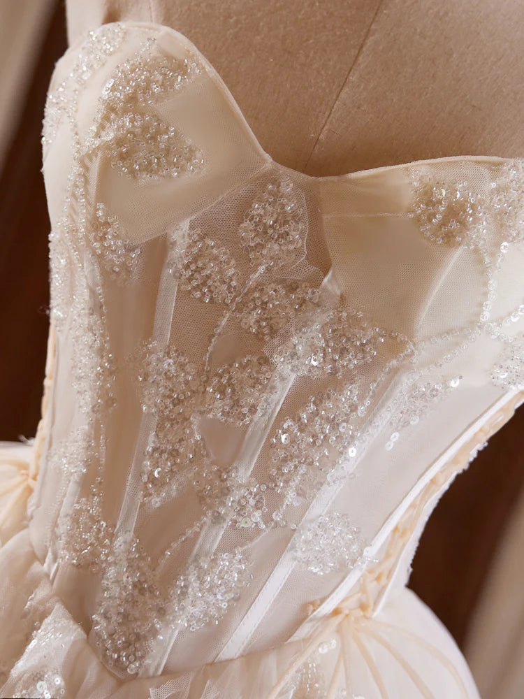 A-Line Sweetheart Neck Tulle Lace Light Champagne Short Prom Dress ED071