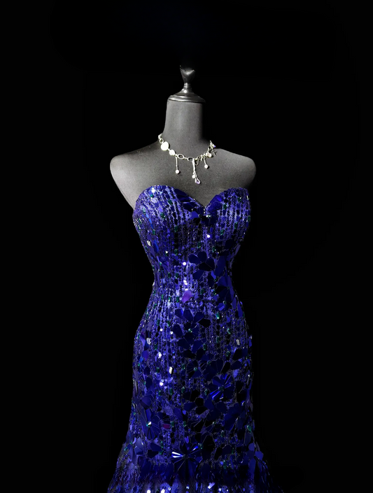 Chic Blue Prom Dress Mirror Birthday Dress Mermaid Sweetheart Evening Dress ED07100