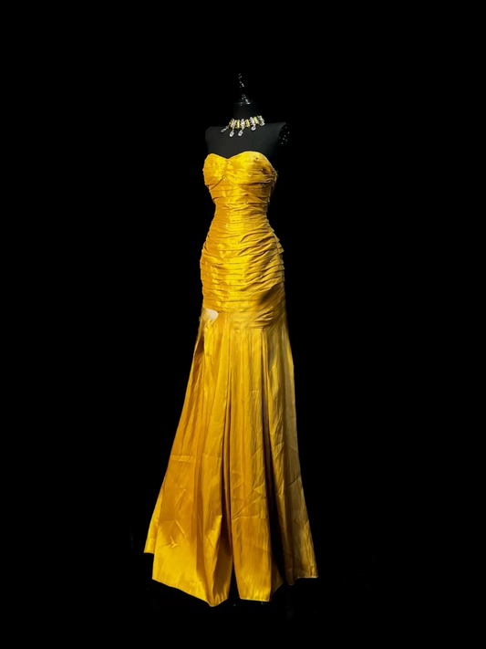 Elegant Gold Prom Dress Satin Birthday Dress Sheath Strapless Evening Dress ED07103