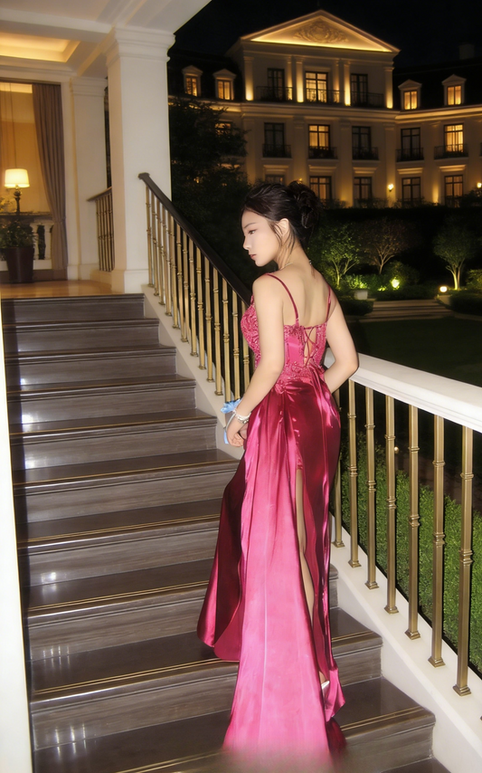 Elegantes pinkfarbenes Satin-Abendkleid mit Spaghettiträgern, ED07108