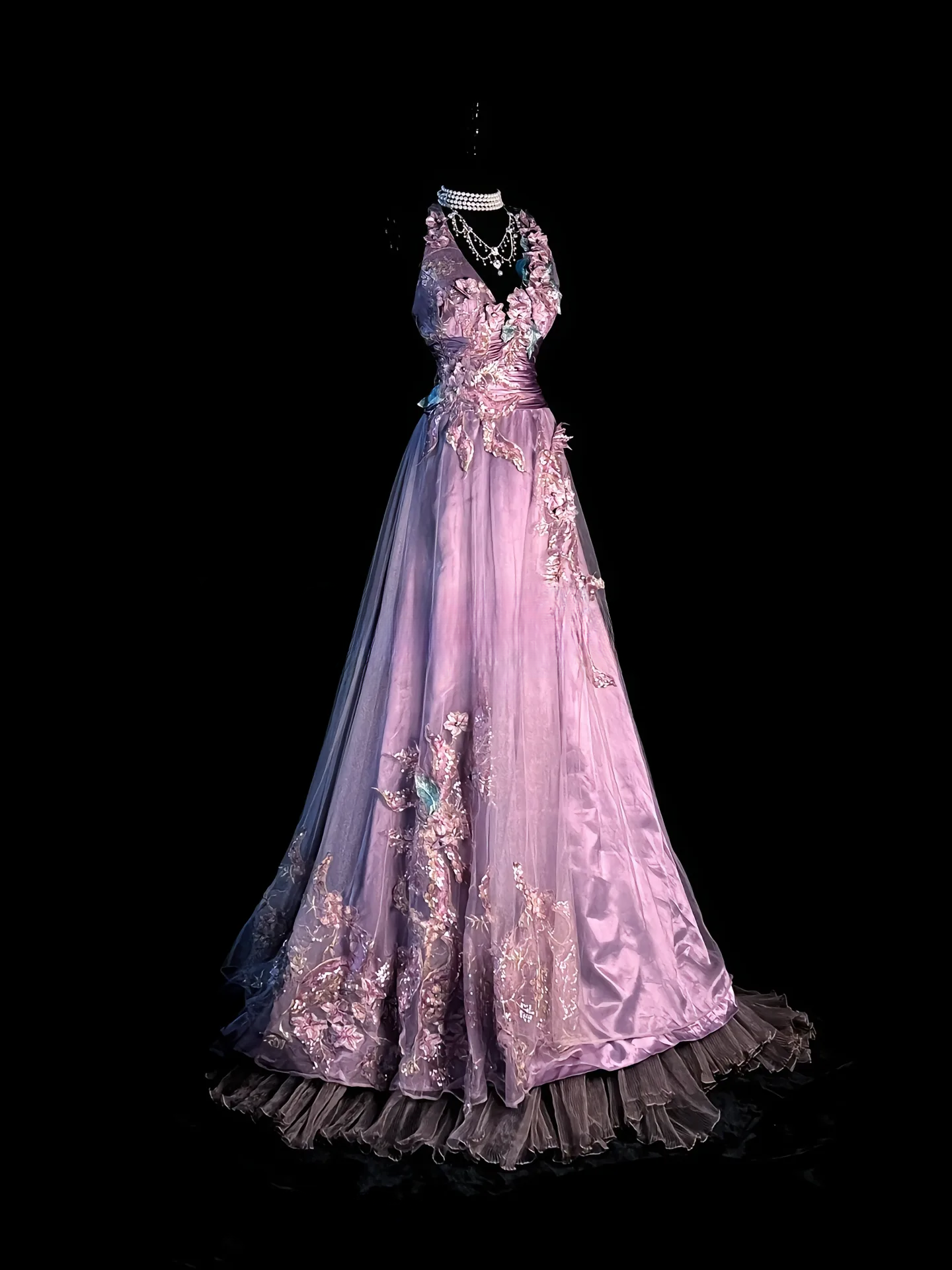Robe de bal violette chic avec appliques en tulle, robe d'anniversaire, col en V, robe de soirée trapèze ED07108