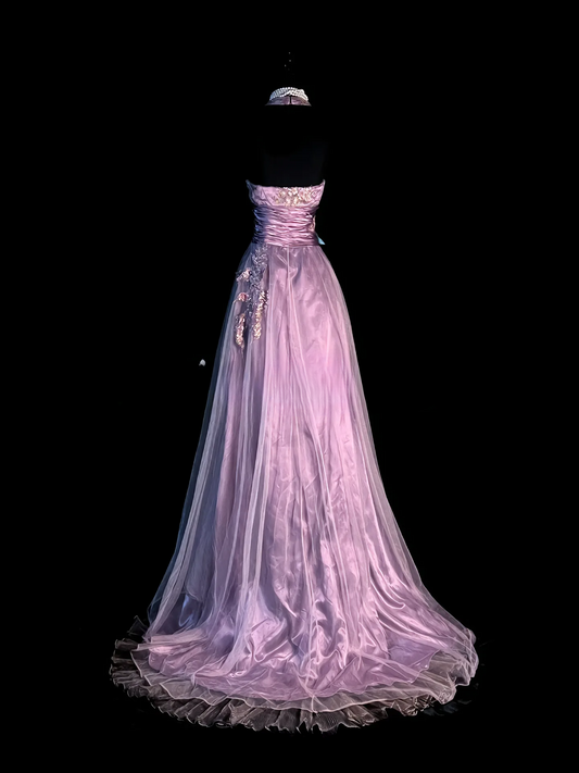 Chic Purple Prom Dress Tulle Appliques Birthday Dress V-neck A-Line Evening Dress ED07108