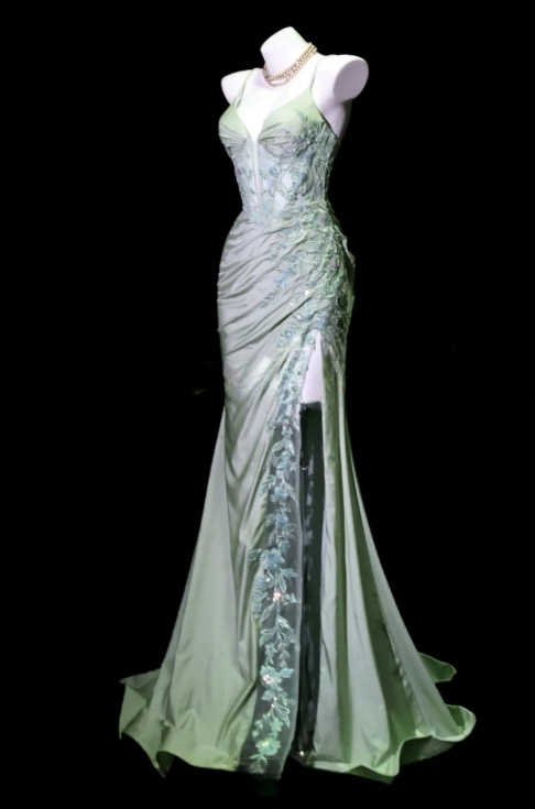 Chic Green Prom Dress Satin Appliques Birthday Dress Spaghetti Straps Sheath Evening Dress ED07114