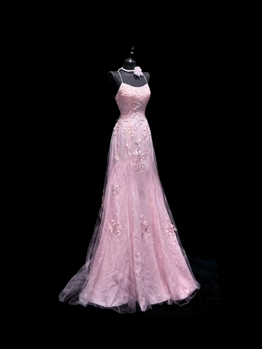 Elegantes rosa Ballkleid mit Tüllapplikationen, Spaghettiträgern, Etuikleid, Abendkleid ED07117