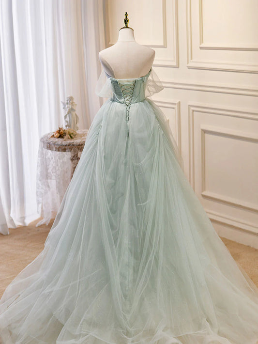 A-Line Off Shoulder Tulle Sequin Green Long Prom Dress, Green Formal Dress ED0712