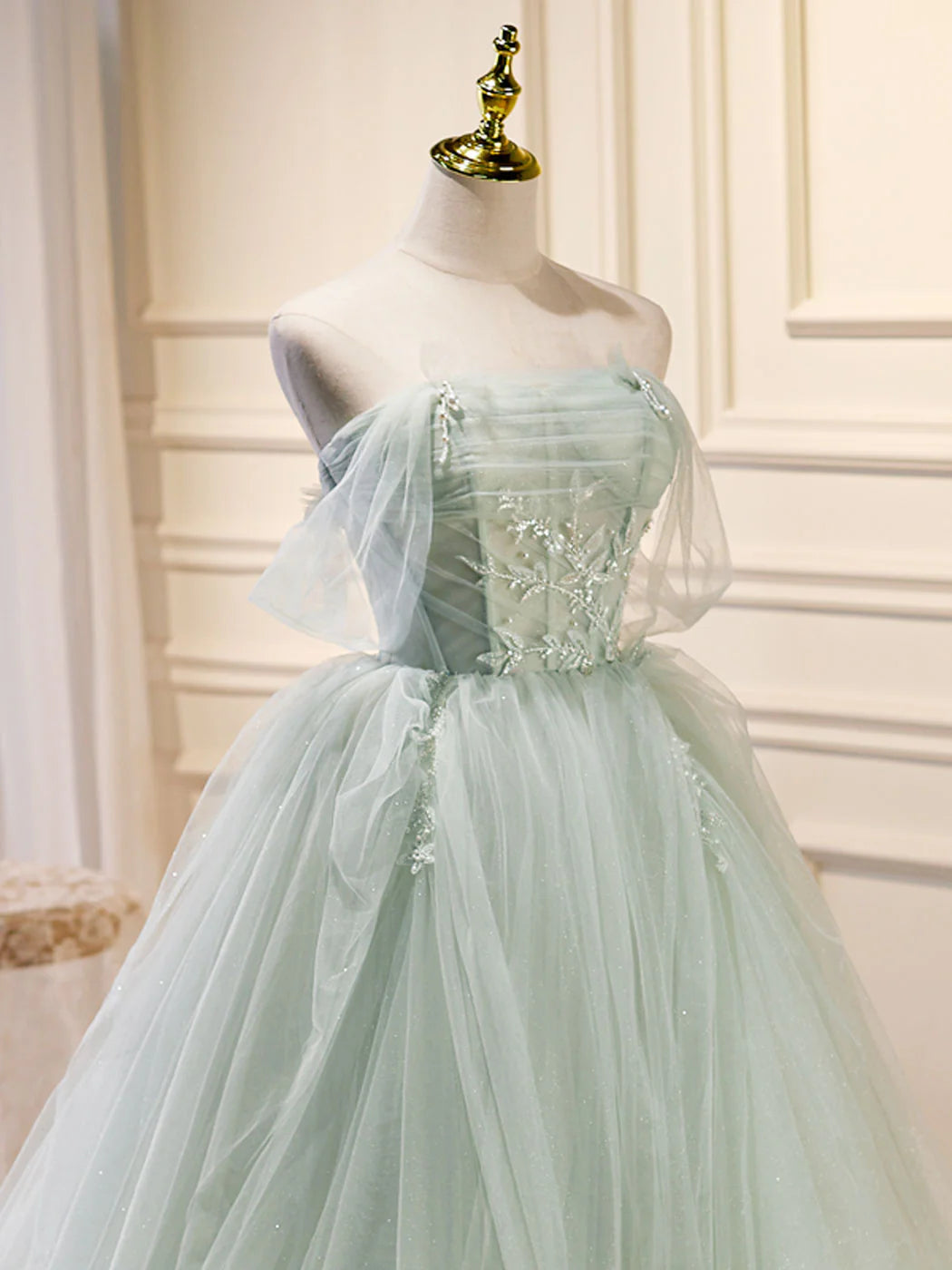 A-Line Off Shoulder Tulle Sequin Green Long Prom Dress, Green Formal Dress ED0712