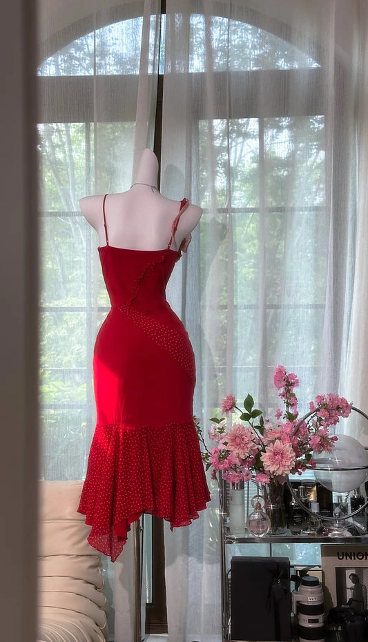 Chic Red Prom Dress Chiffon Birthday Dress Spaghetti Straps Sheath Evening Dress ED07121