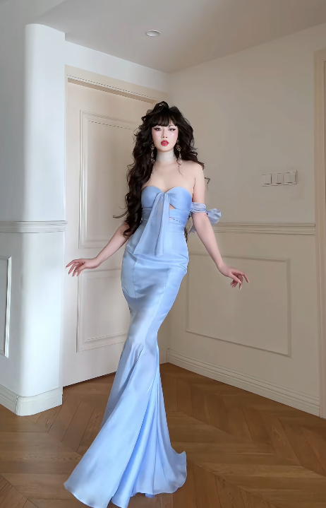 Chic Blue Prom Dress Sweetheart Chiffon Mermaid Evening Dress ED07122