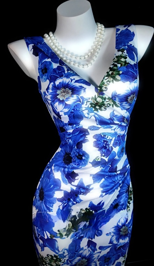 Gorgeous Blue Prom Dress V-Neck Floral Satin Sheath Birthday Dress Sleeveless Evening Dress ED07134