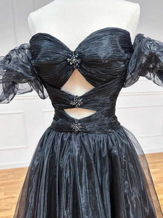 A-Line Off Shoulder Black Long Prom Dresses, Black Formal Evening Dress ED0714
