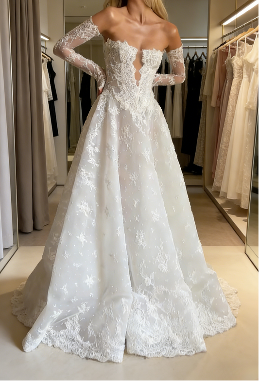 Modest White Wedding Dress Strapless A-Line Bridal Gowns Tulle Applique Bridal Dress ED07140