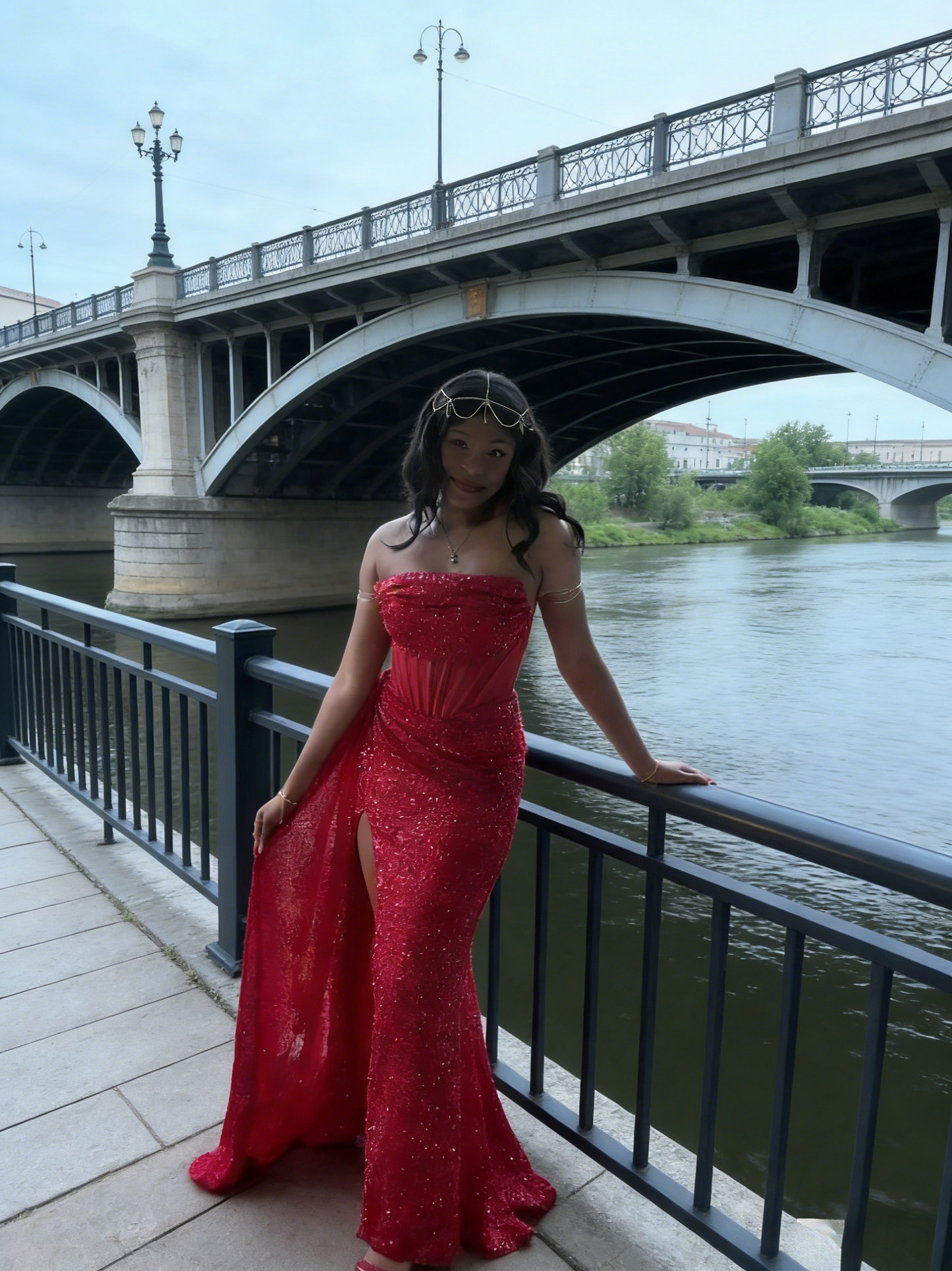 Chic Red Prom Dress Strapless Sequins Sheath Evening Dress with Slit ED07142