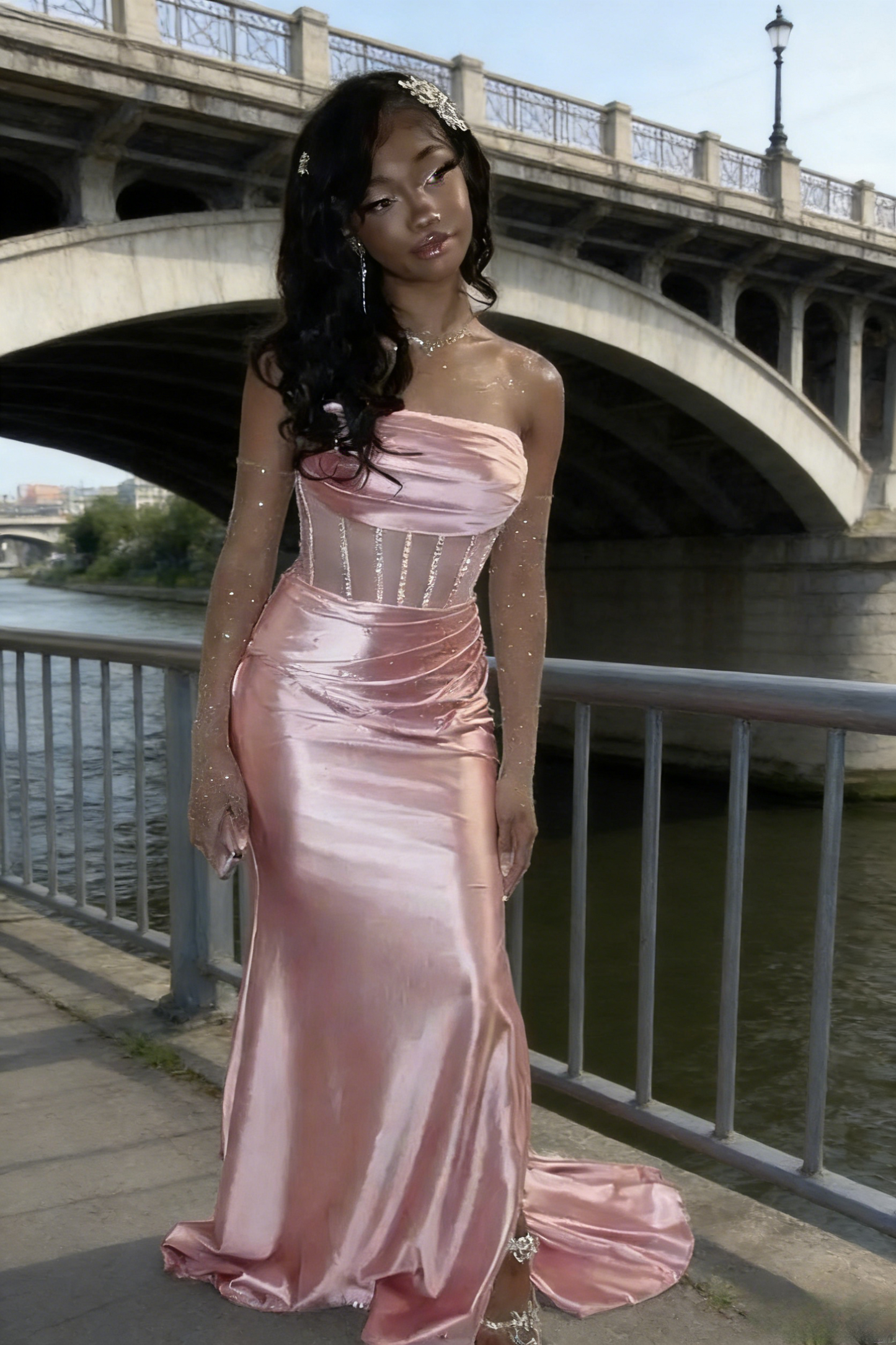 Chic Pink Prom Dress Strapless Satin Sheath Evening Dress ED07143
