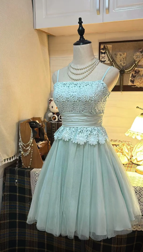 Elegantes grünes Ballkleid mit Spaghettiträgern, Tüll, Applikationen, A-Linie, Geburtstagskleid ED07147