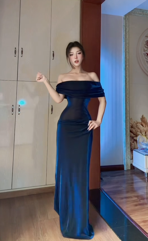 Chic Navy Blue Prom Dress Off-shoulder Sheath Satin Evening Dress ED07156