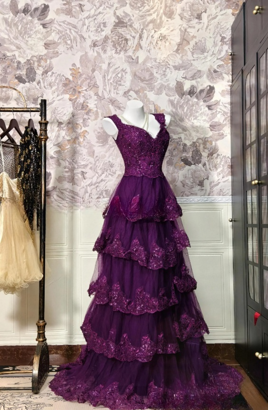 Elegant Purple Prom Dress Long V-neck Tulle Evening Dress A-Line Sequins Birthday Dress ED07168