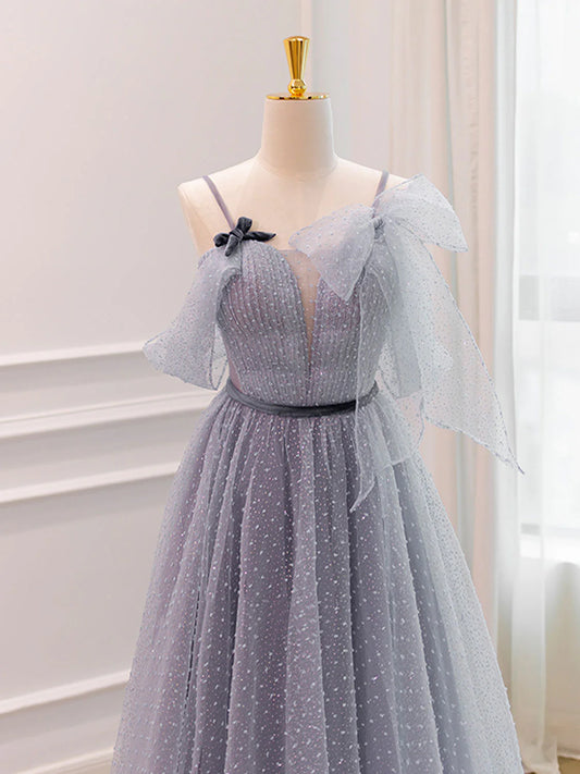 Gray A-Line Tulle Long Prom Dresses, Gray Formal Evening Dresses ED0717