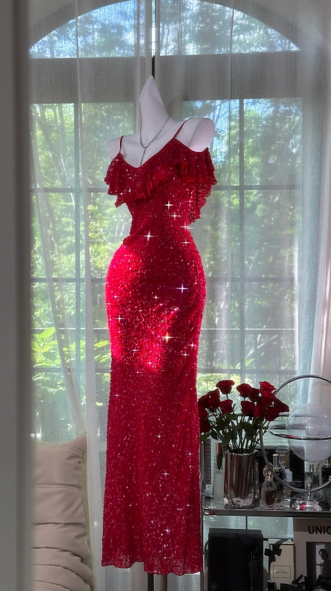 Elegant Red Prom Dress Long Spaghetti Straps Chiffon Evening Dress She –  EvaFashionDress