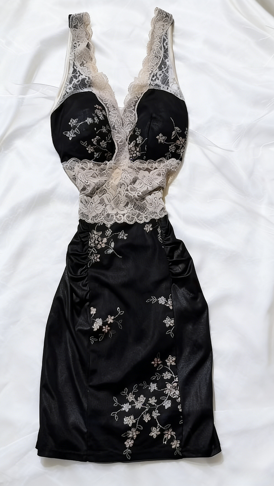 Chic Short Black Prom Dress V-neck Satin Evening Dress Sheath Beaded Birthday Dress ED07176