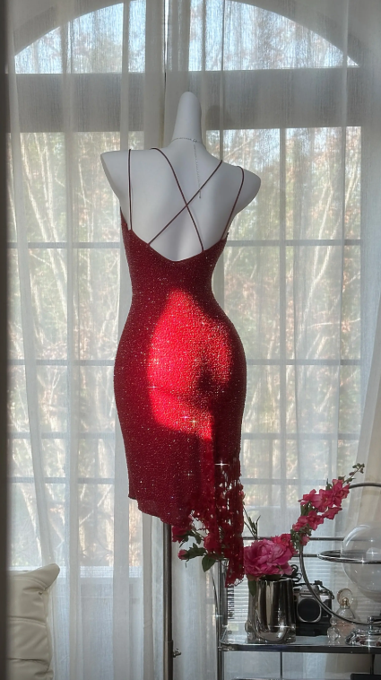 Chic Short Red Prom Dress V-neck Chiffon Evening Dress Sheath Beaded Birthday Dress ED07178