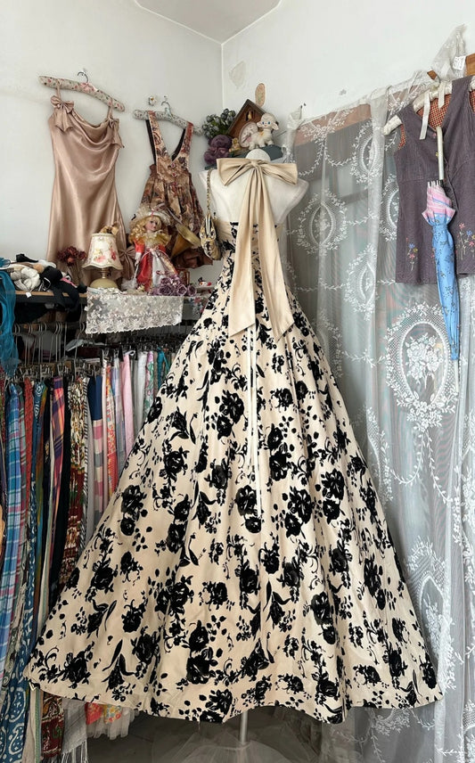 Elegant Champagne Prom Dresses Print Satin Halter Long Evening Dress A-Line Birthday Dress ED07196