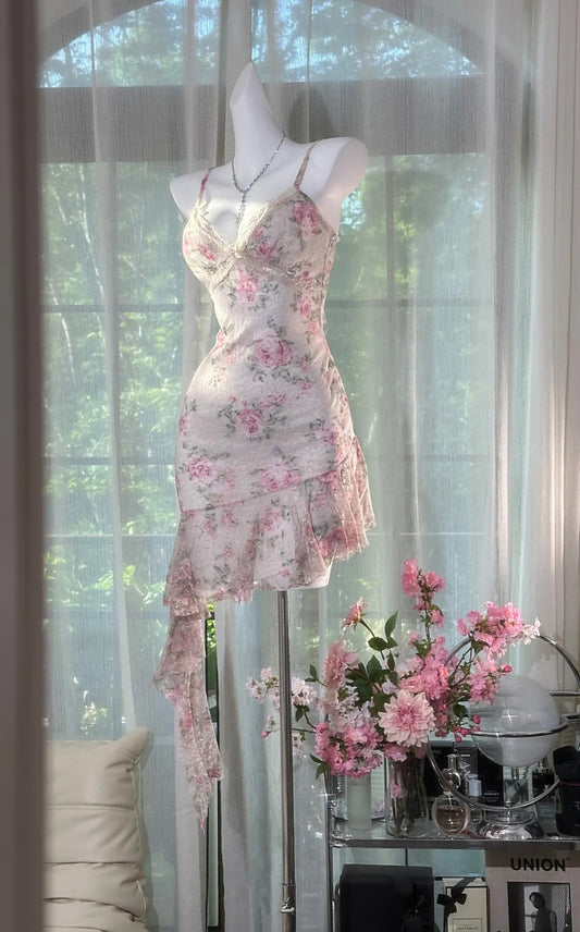 Elegant Pink Prom Dresses Printed Lace Spaghetti Straps Short Evening Dress Sheath Birthday Dress ED07198