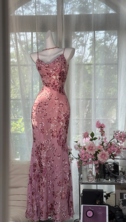 Fairy Pink Prom Dresses Sheath Printed Chiffon Spaghetti Straps Long Evening Dress ED07201