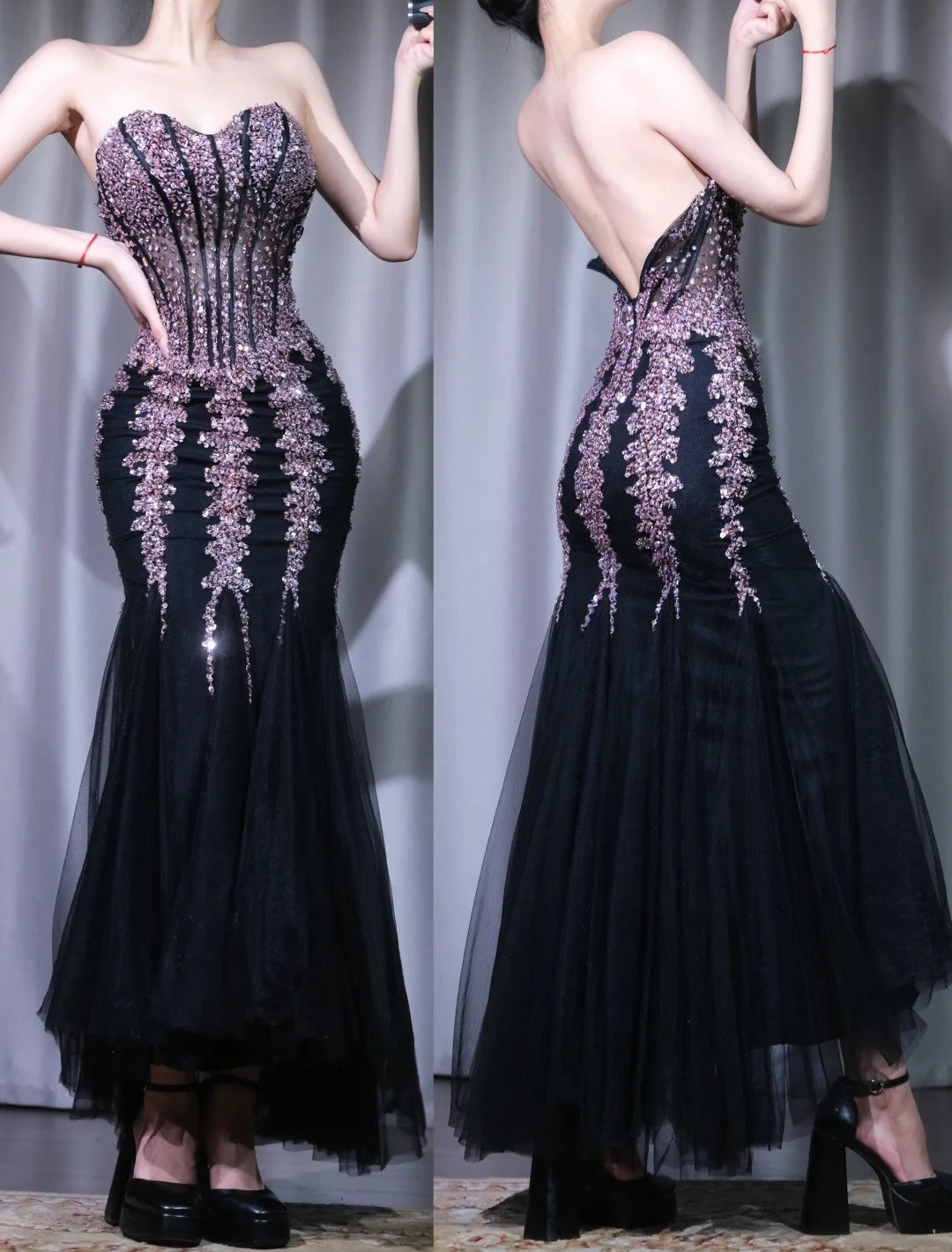 Elegant Long Black Prom Dresses Beaded Chiffon Birthday Dress Sweetheart Mermaid Evening Dress ED07204
