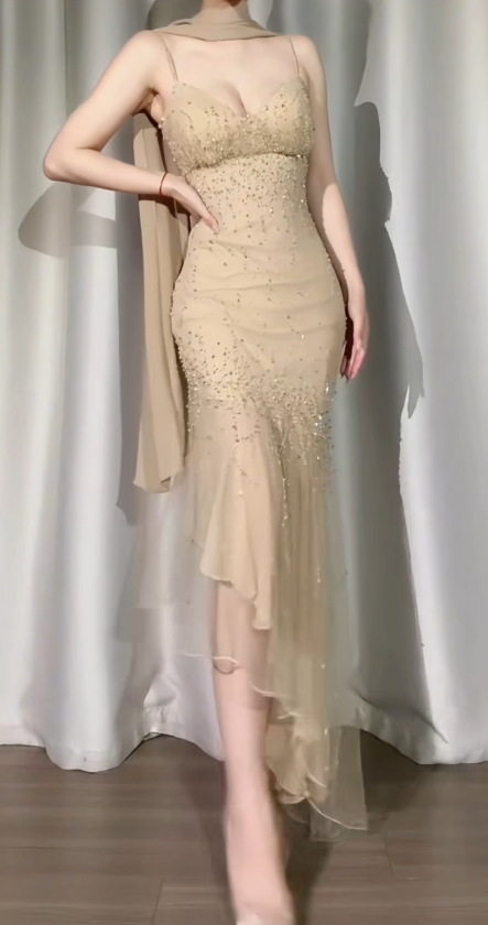 Robe de bal chic kaki en mousseline à fines bretelles perlées, robe d'anniversaire fourreau longue, robe de soirée ED07210
