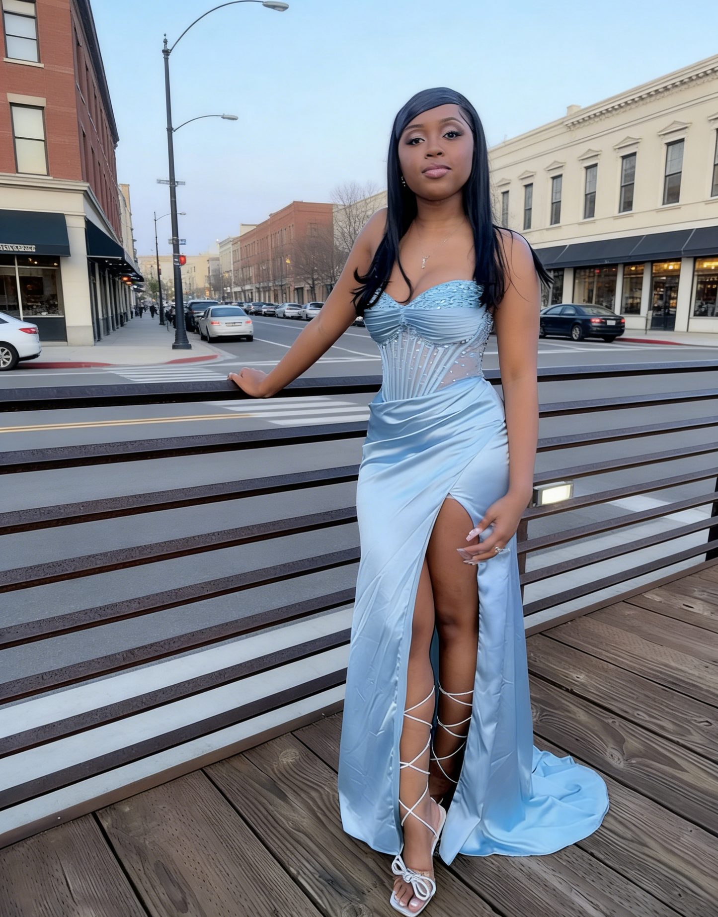 Robe de bal bleue chic en satin perlé, décolleté cœur, robe fourreau longue de soirée ED07214