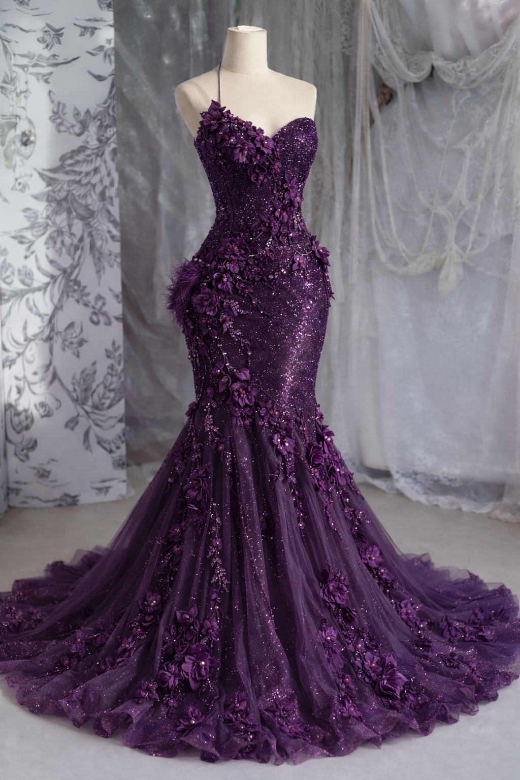 Gorgeous Purple Prom Dresses Tulle Applique Mermaid Long Evening Dress One-shoulder Birthday Dress ED07223