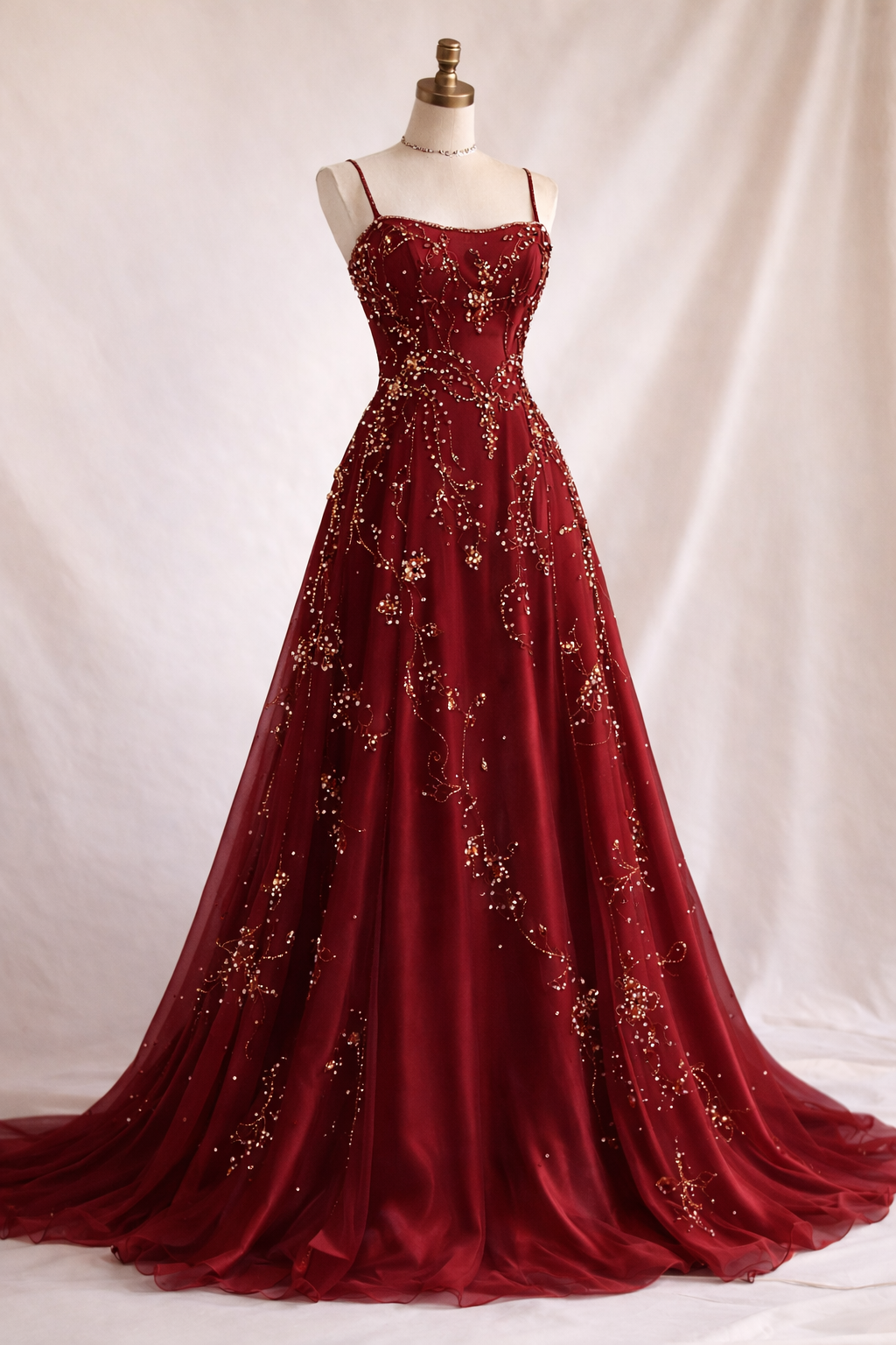 Gorgeous Burgundy Prom Dresses Beaded Chiffon Spaghetti Straps Birthday Dress A-Line Long Evening Dress ED07225