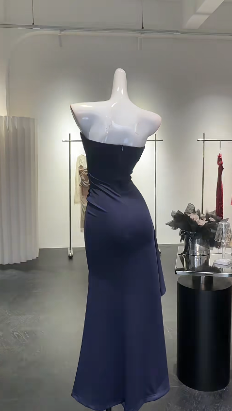 Elegant Navy Blue Prom Dress Sheath Strapless Evening Dress Satin Slit Wedding Guest Dress ED07228