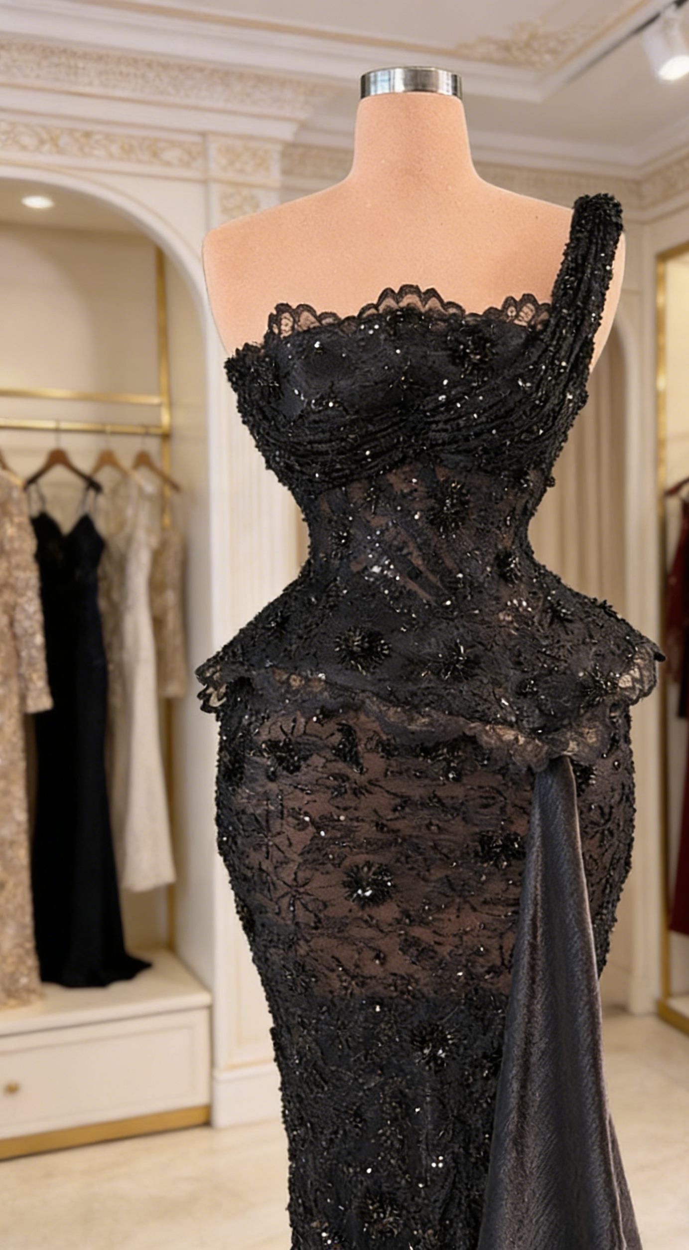 Elegant Black Prom Dress Lace Beaded One-shoulder Sheath Evening Dress ED07234