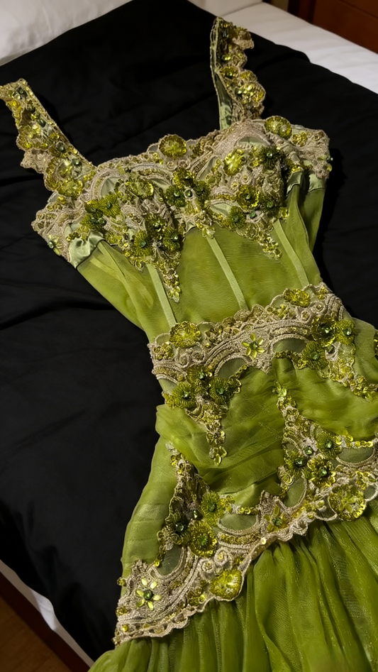 Classy Long Green Prom Dress Tulle Appliques Straps A-Line Evening Dress ED07239