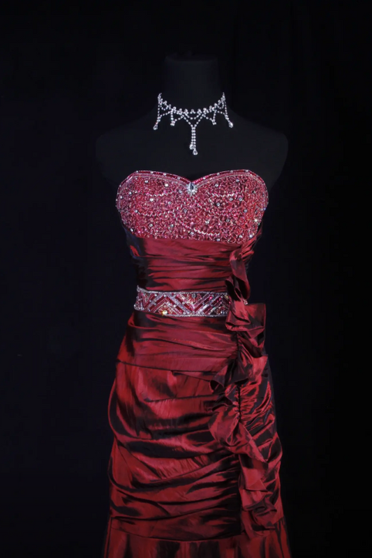 Chic Long Burgundy Prom Dress Beaded Satin Sweetheart Sheath Evening Dress ED07242