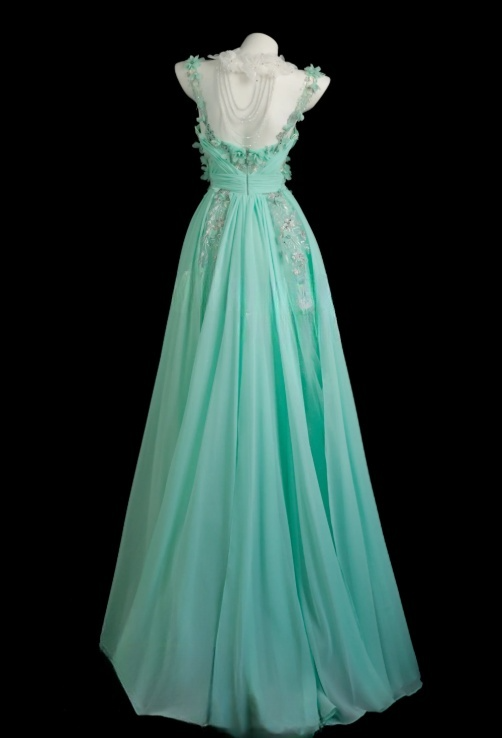 Chic Long Green Prom Dress Beaded Tulle Spaghetti Straps A-Line Evening Dress ED07245