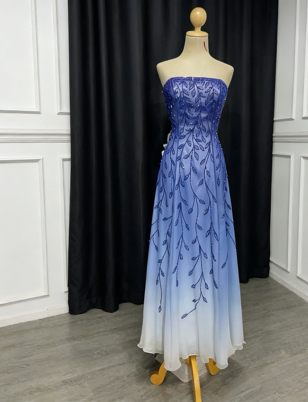 Chic Long Blue Prom Dress Chiffon Beaded Spaghetti Straps A-Line Evening Dress ED07250