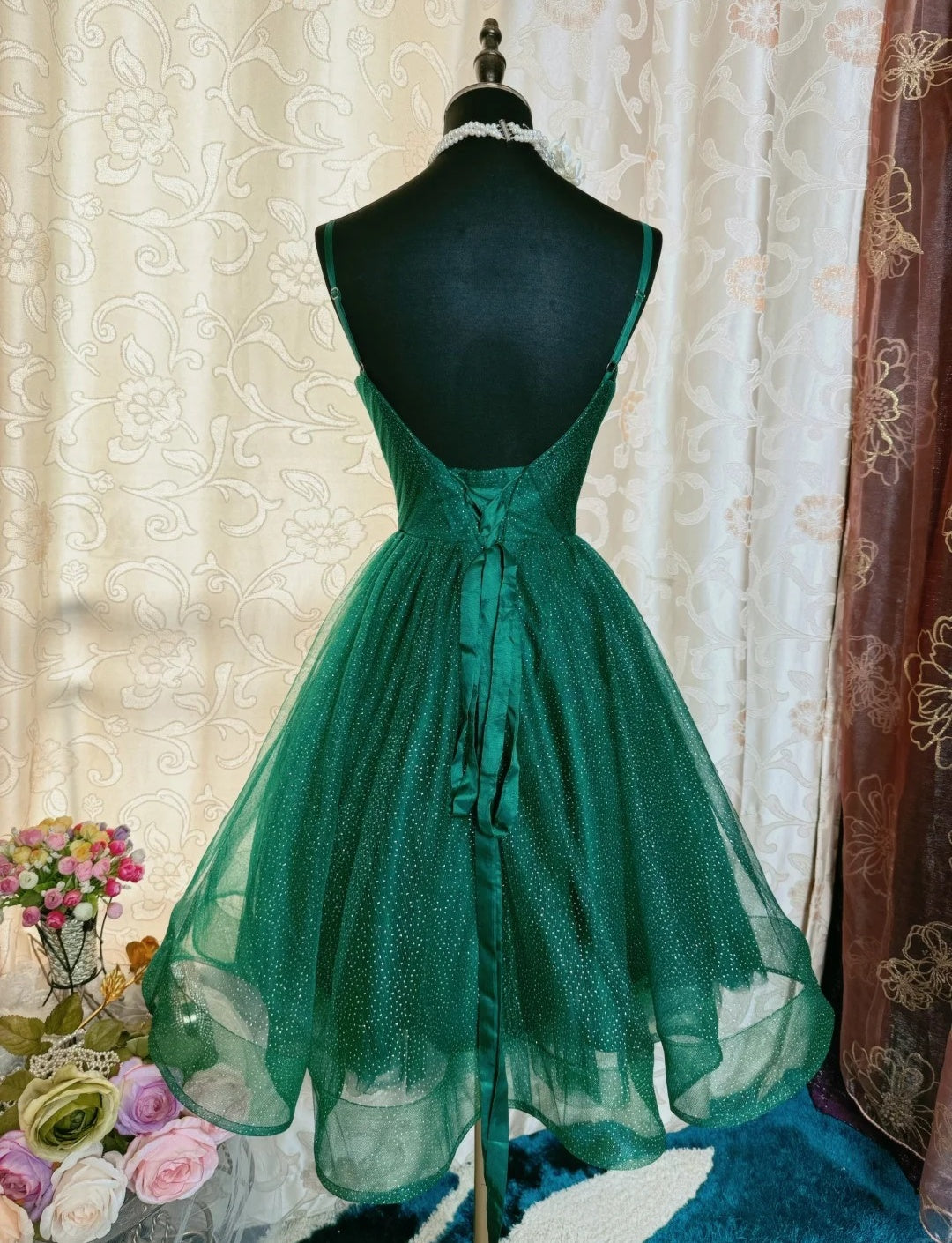 Robe de bal verte mignonne en tulle à fines bretelles, coupe trapèze, robe d'anniversaire courte sans manches, robe de soirée ED07258