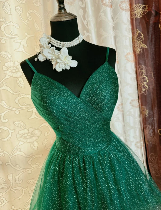 Niedliches grünes Tüll-Abendkleid mit Spaghettiträgern, A-Linie, kurz, ärmellos, ED07258