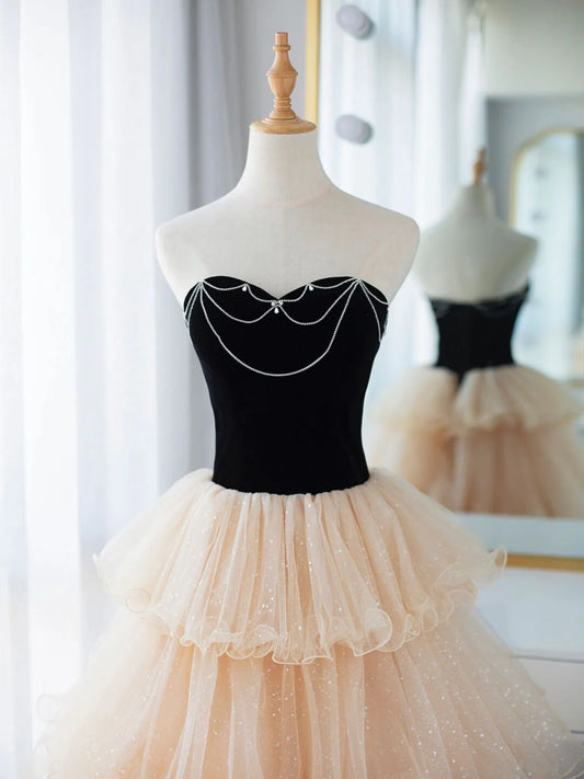 Champagne/Black Tulle Long Prom Dress, Champagne Formal Evening Dress ED0726