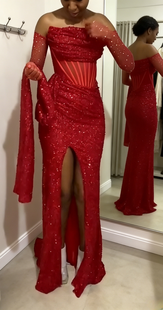 Sexy Red Prom Dress Sequins Strapless Sheath Evening Dress With Slit ED07262