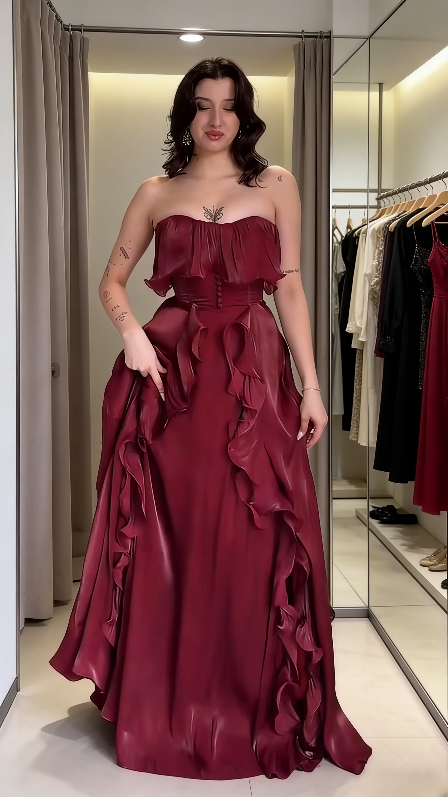 Fashion Long Burgundy Prom Dress Chiffon Satin Sheath Strapless Evening Dress ED07567