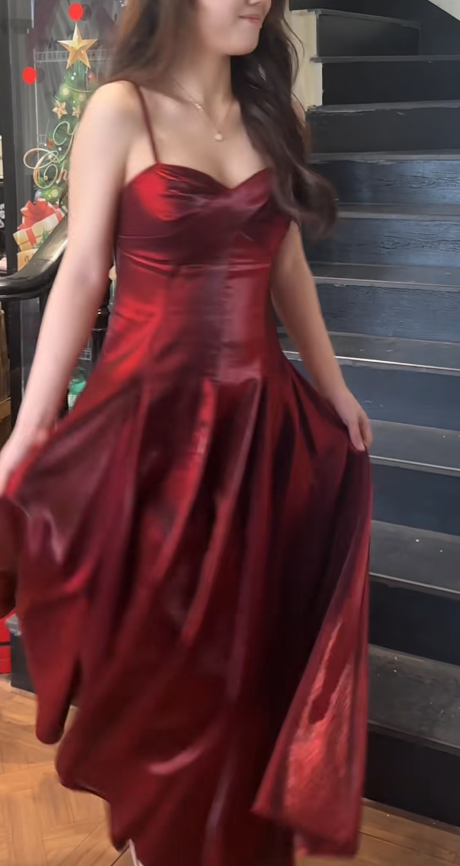 Fashion Long Burgundy Prom Dress Satin Spaghetti Straps A-Line Evening Dress ED07268