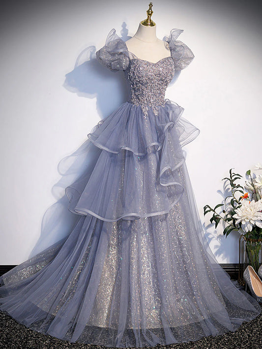 A-Line Gray Sequin Long Prom Dress, Sequin Tulle Formal Evening Dresses ED0727