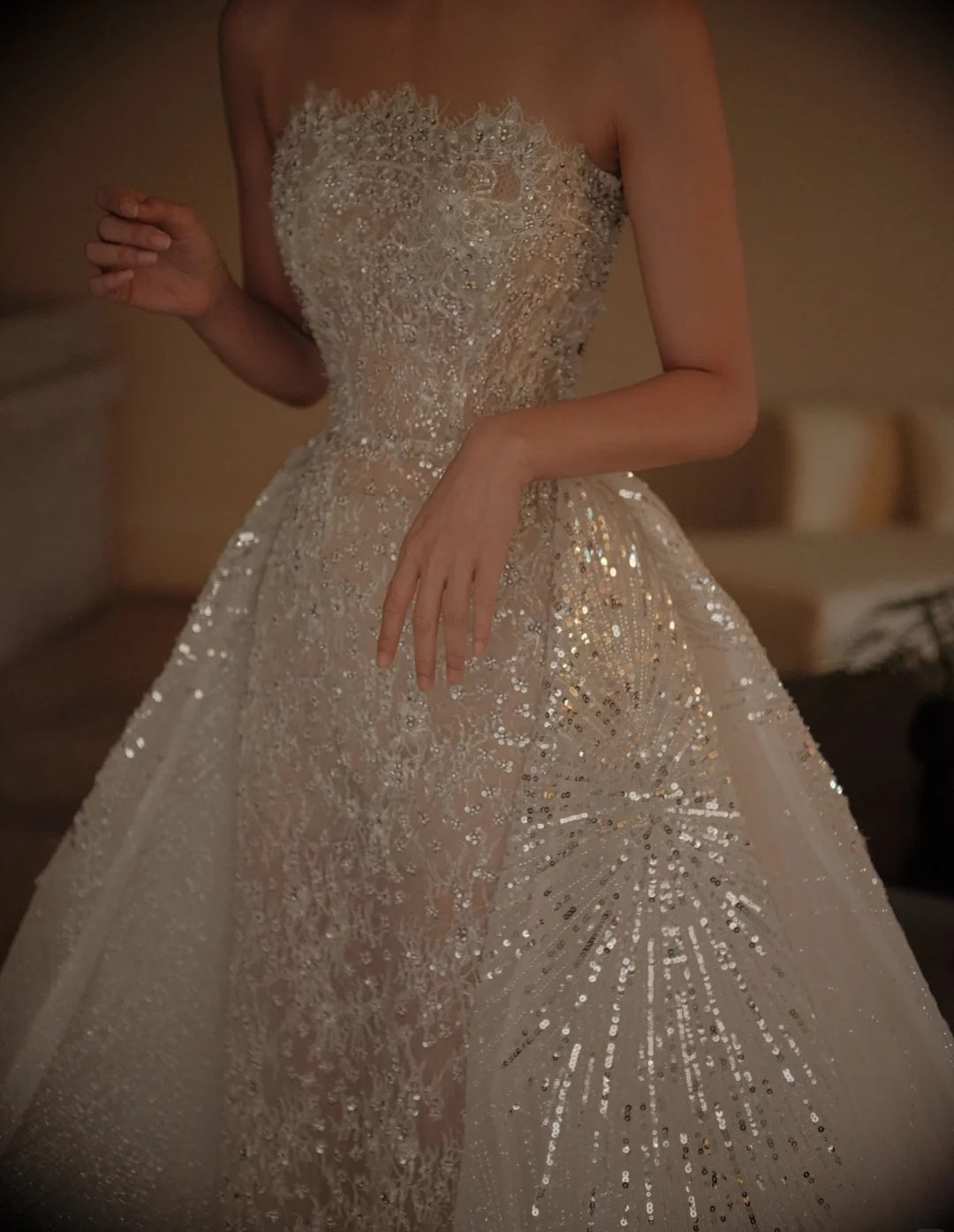 Modest Long White Wedding Dress Strapless A-Line Bridal Dress Sequins Lace Bridal Gowns ED07274